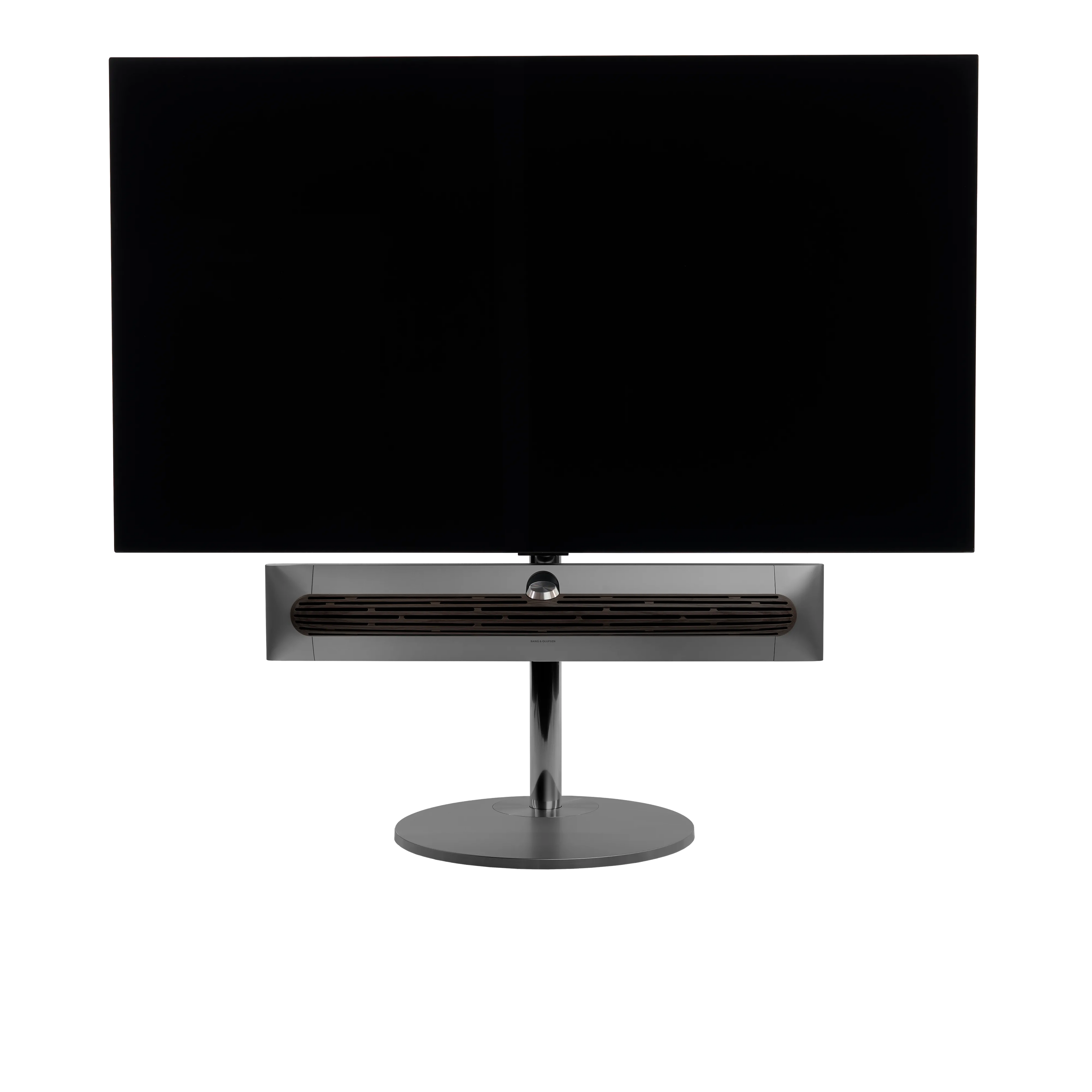 Beosound Premiere in black anthracite auf STB Bodenstandfuß mit Holzcover in Dark Oak und 65 Zoll Panel