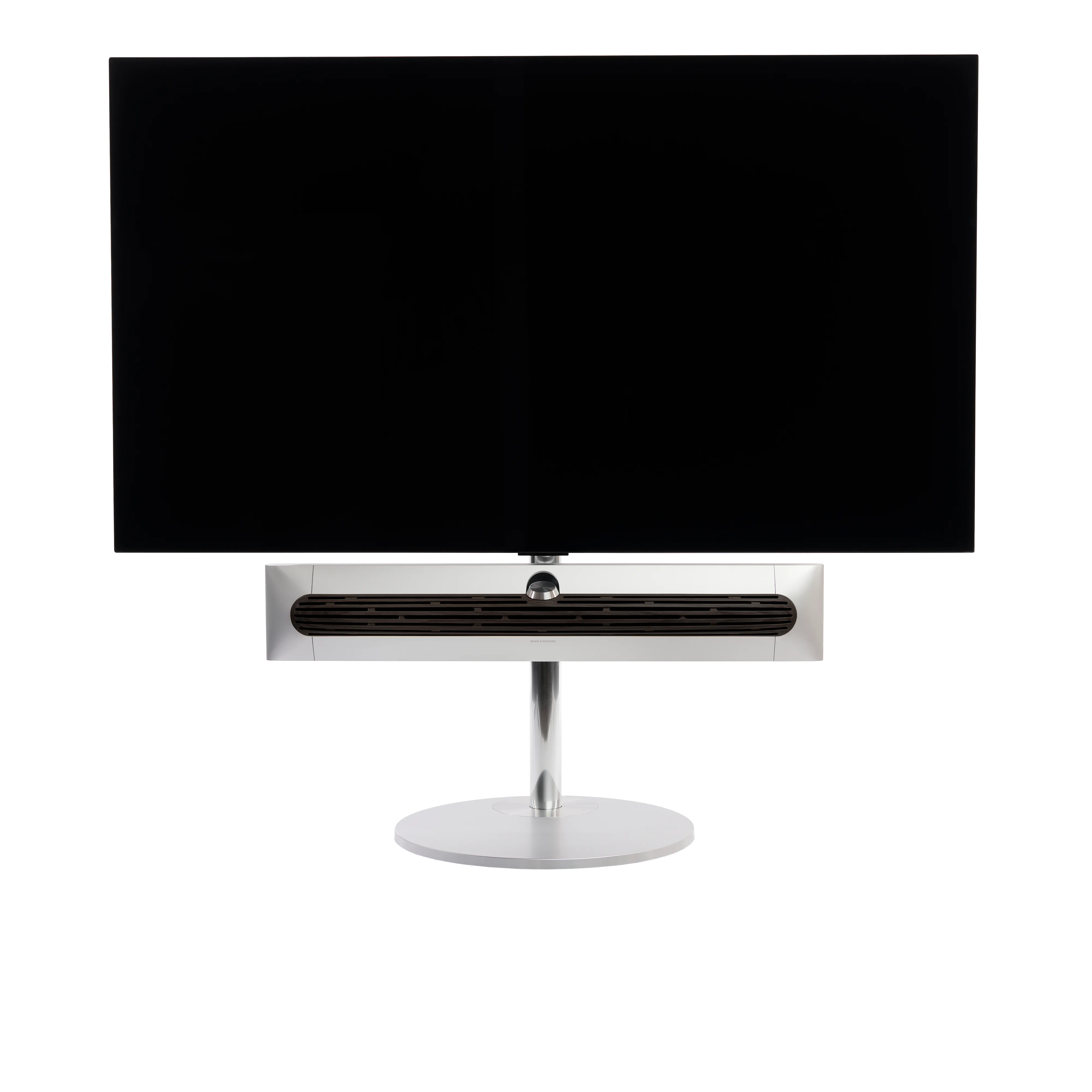 Beosound Premiere auf STB Standfuß mit Holzcover in Dark oak und 65 Zoll Panel