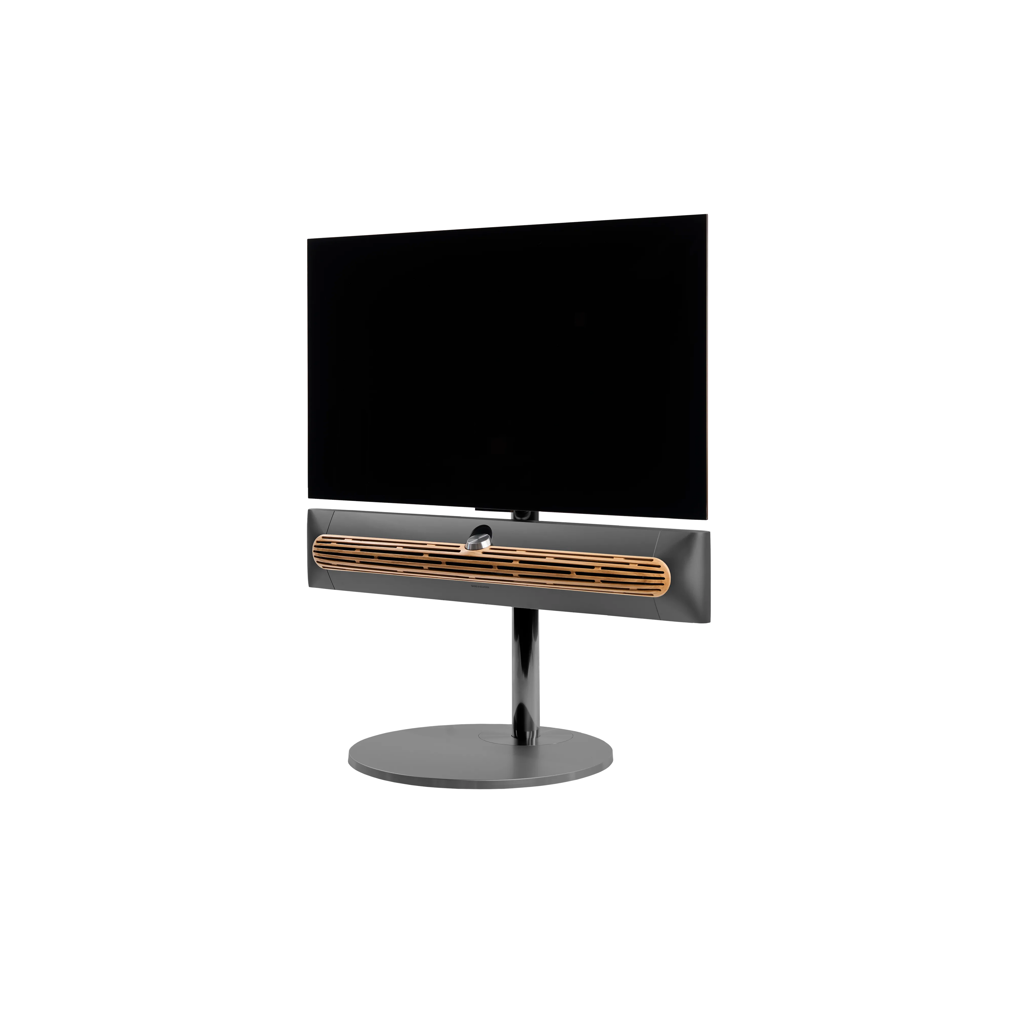 Beosound Premiere in black anthracite auf Bodenstandfuß von stb brackets,  mit Eichenholcover, mit 42  Zoll LG OLED Panel - Ansicht schräg vorn 
