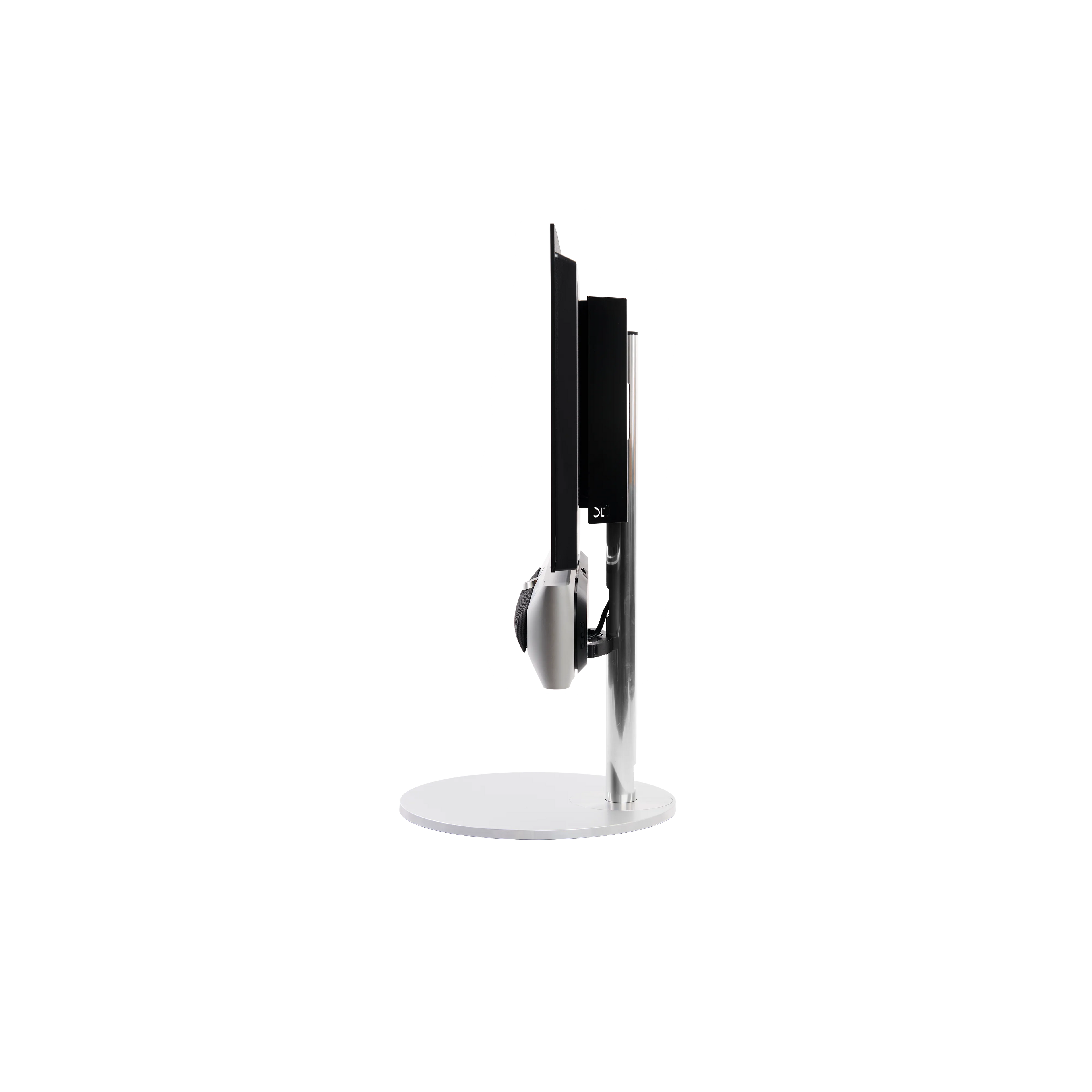 Beosound Premiere in natural aluminium auf STB Bodenstandfuß mit Stoffcover und 42 Zoll LG OLED Panel - Ansicht von der Seite