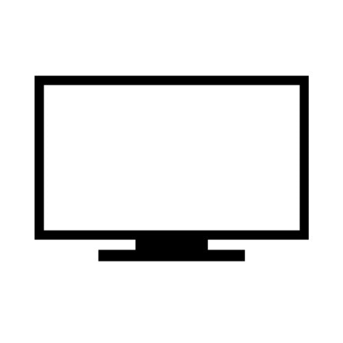 Minimalistisches TV-Icon in Schwarz auf weißem Hintergrund. Das klare Linien-Symbol zeigt einen Flachbildfernseher auf einem Standfuß und dient als Kategorien-Icon für Fernsehgeräte und Home-Cinema-Systeme im Onlineshop.