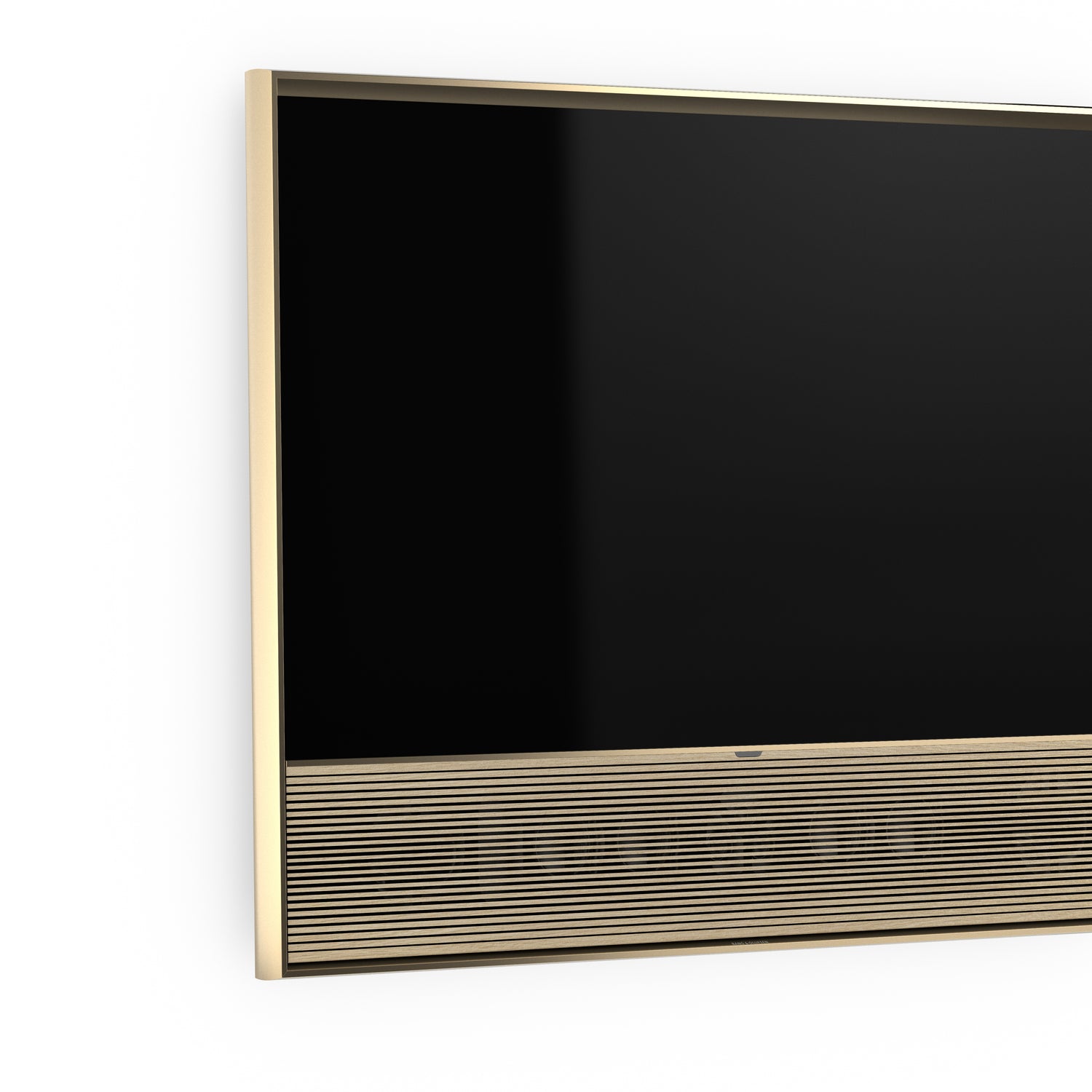 BeoVision Contour in Gold Tone mit light oak cover an Wandhalteurng
