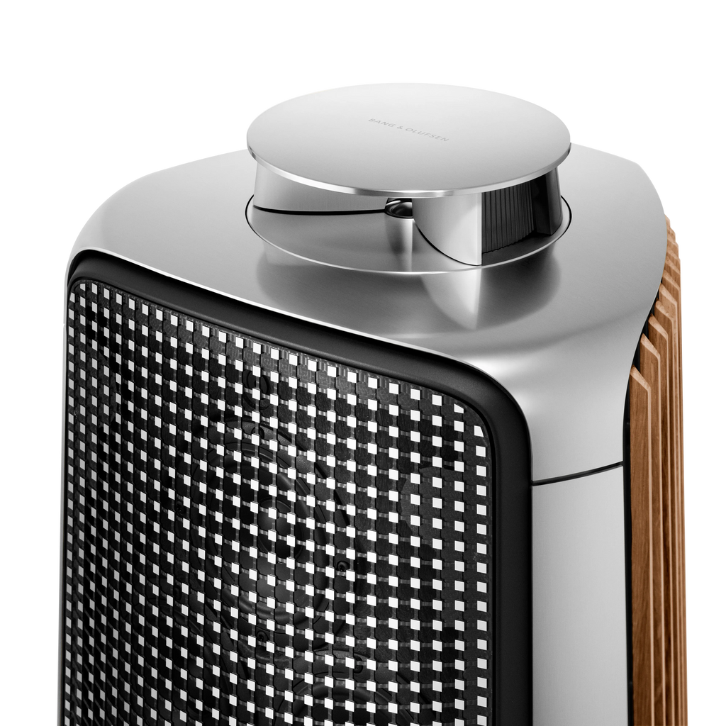 Bang & Olufsen, B&O Beolab 50 in silber mit Aluminium Frontcover und Seitenpanele aus Holz - Detailaufnahme, akustische Linse oben