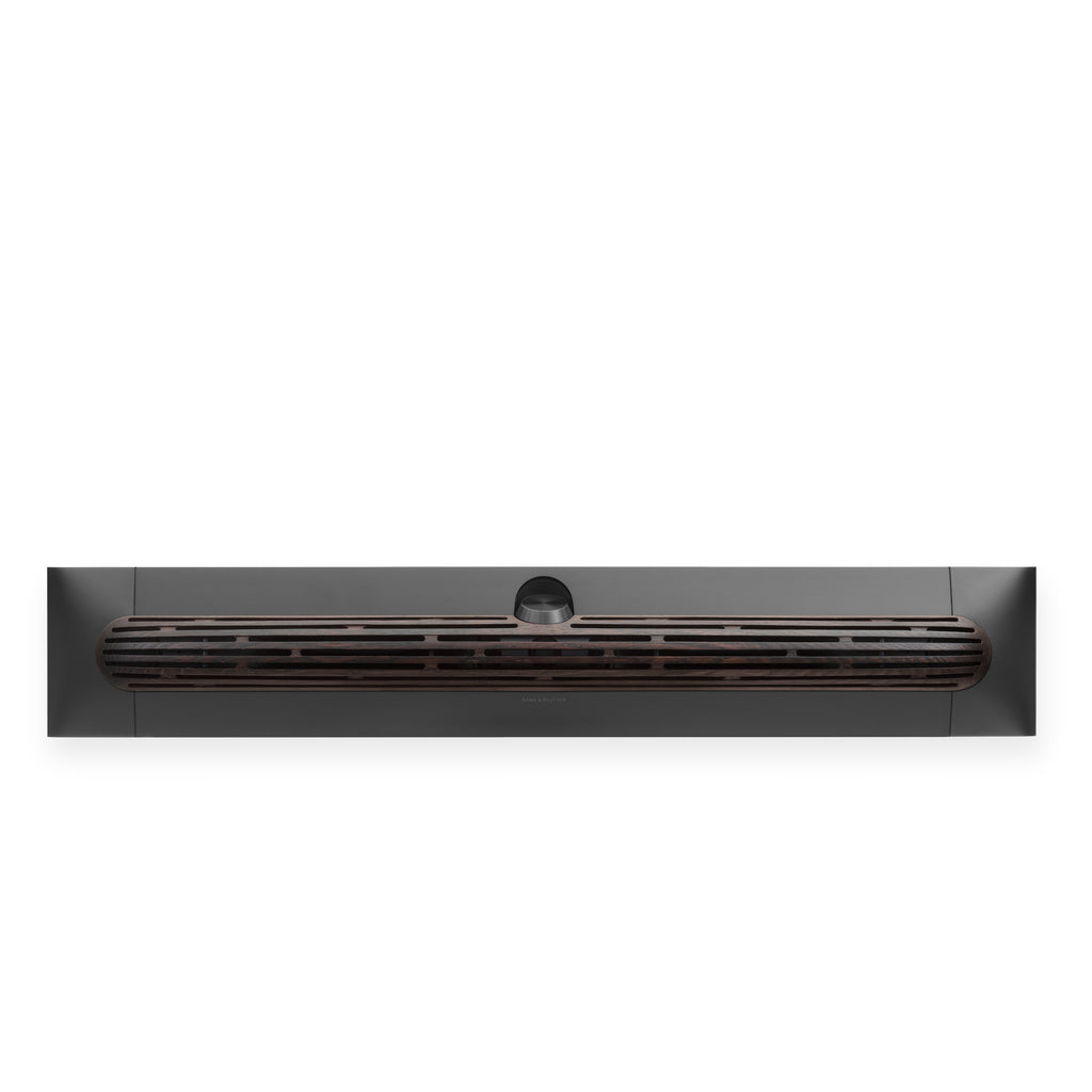 Bang & olufsen Beosound Premiere Soundbar in Black Anthracite mit Cover in Dark Oak Wood Ansicht von vorn