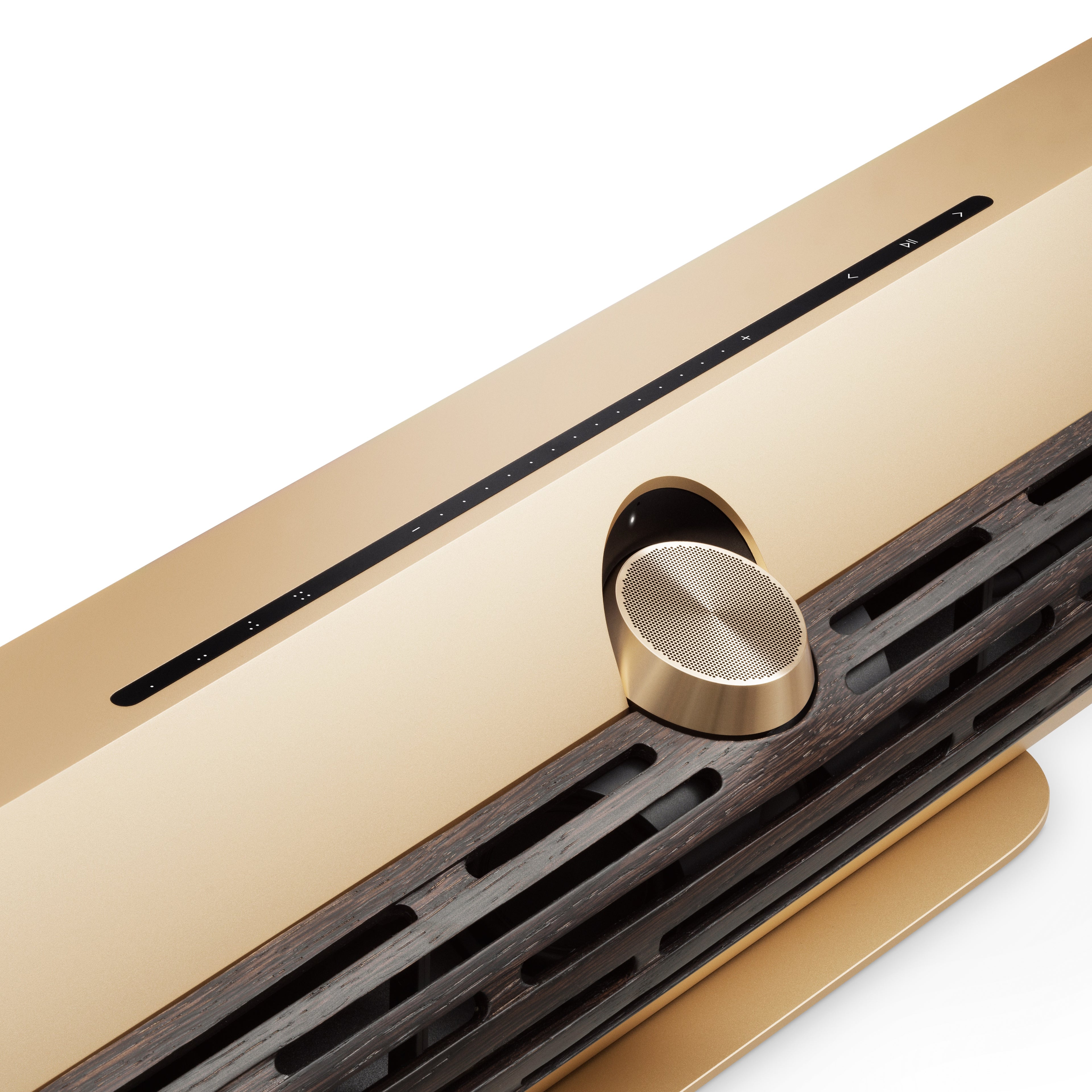 Bang & olufsen Beosound Premiere Soundbar in Gold Tone - Ansicht von vorn mit Cover in Dark Oak