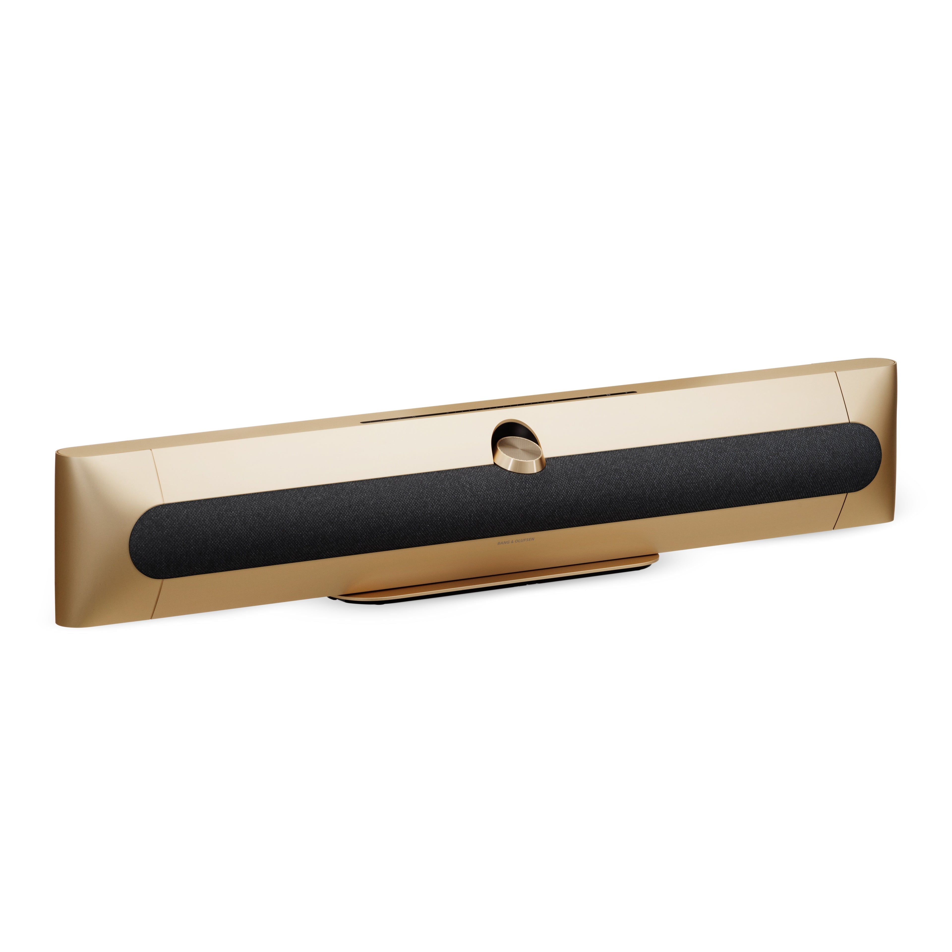 Bang & olufsen Beosound Premiere Soundbar in Gold Tone - Ansicht von vorn mit Cover aus Stoff in Grey Mélange auf Tischstandfuß