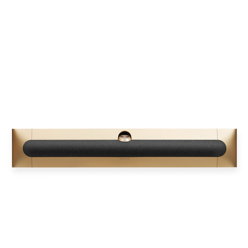 Bang & olufsen Beosound Premiere Soundbar in Gold Tone - Ansicht von vorn mit Cover aus Stoff in Grey Mélange