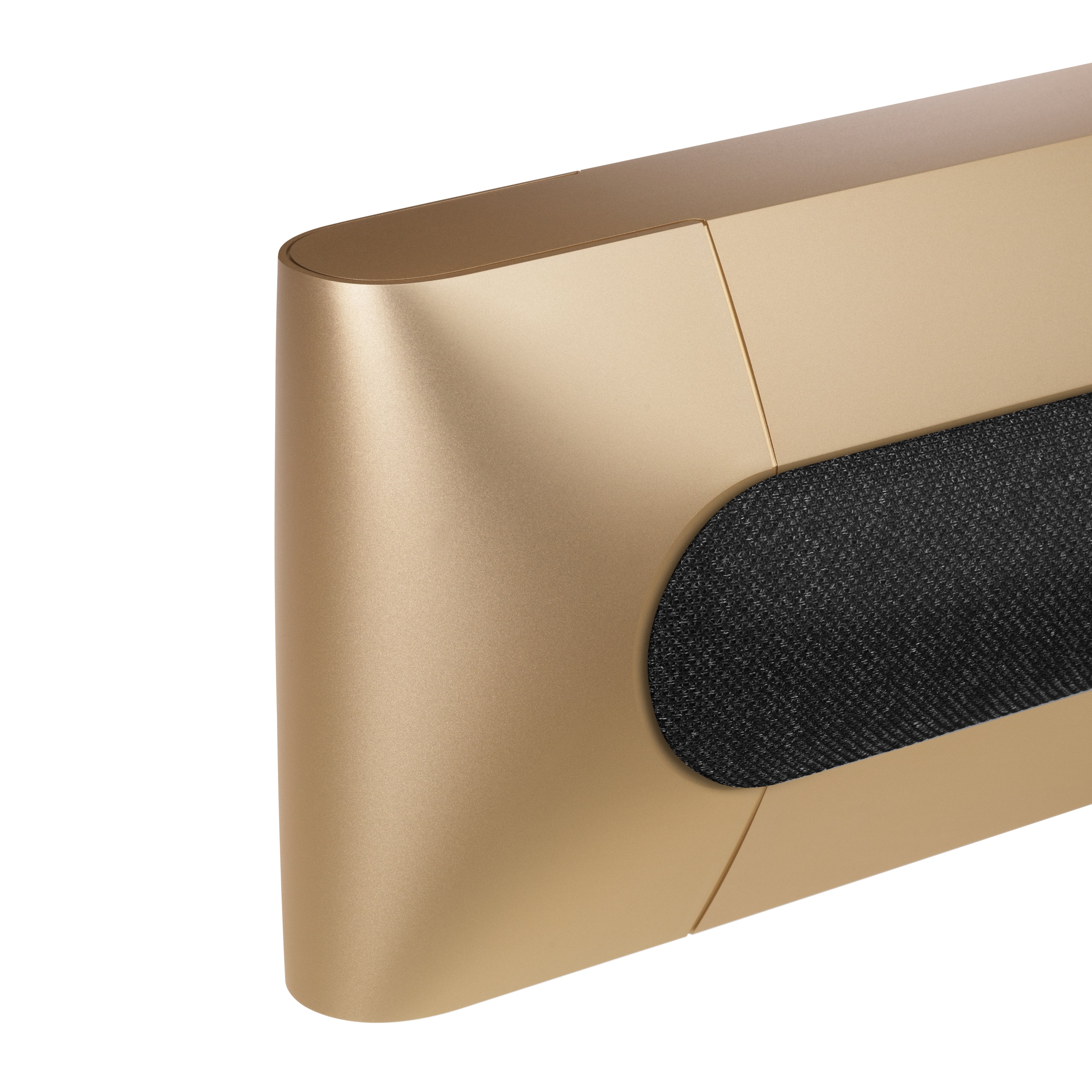 Bang & olufsen Beosound Premiere Soundbar in Gold Tone - Ansicht von vorn mit Cover aus Stoff in Grey Mélange