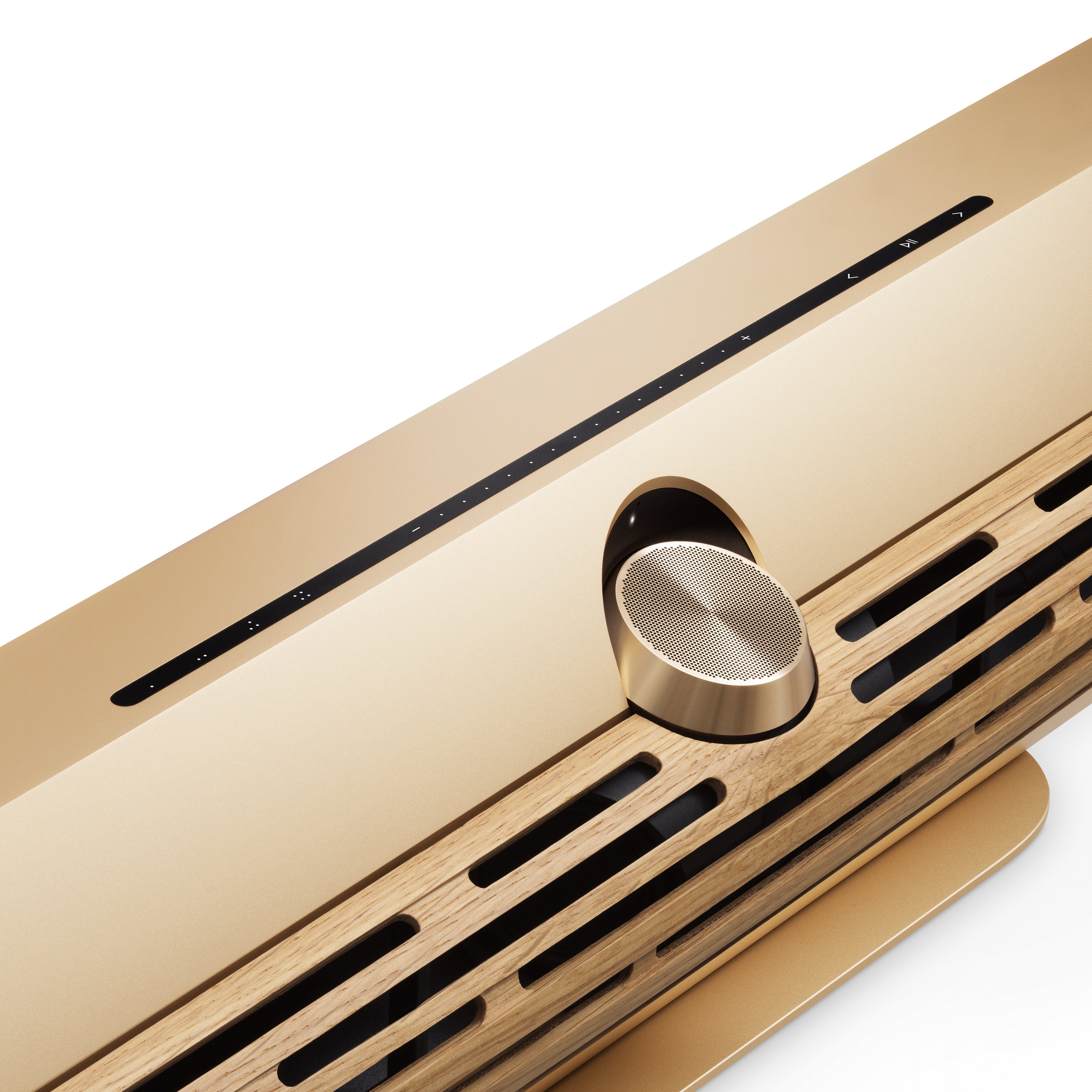 Bang & olufsen Beosound Premiere Soundbar in Gold Tone - Ansicht von vorn mit Cover in Oak