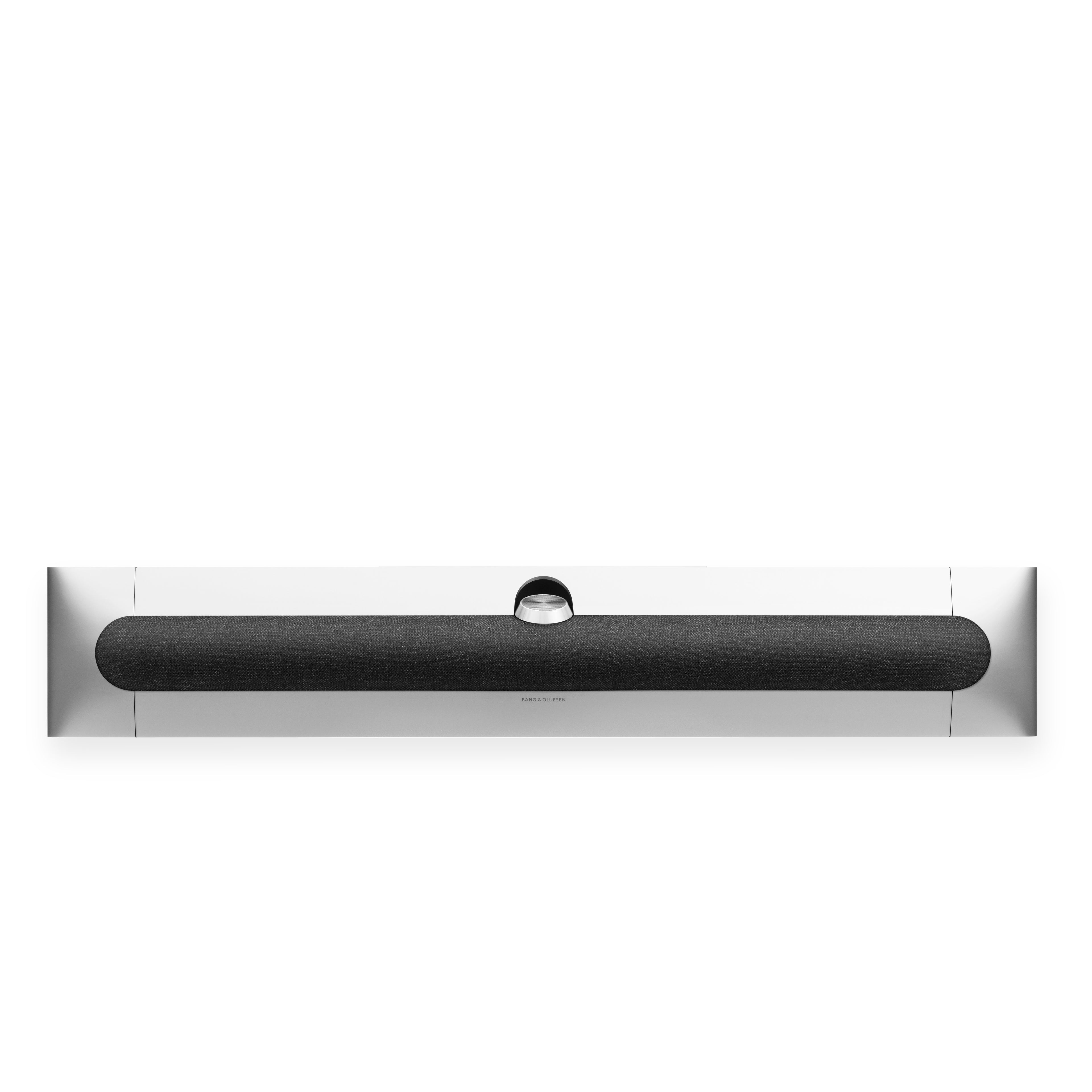 Bang & olufsen Beosound Premiere Soundbar in Natural Aluminium - Ansicht von vorn mit Cover aus Textil in Grey Mélange 