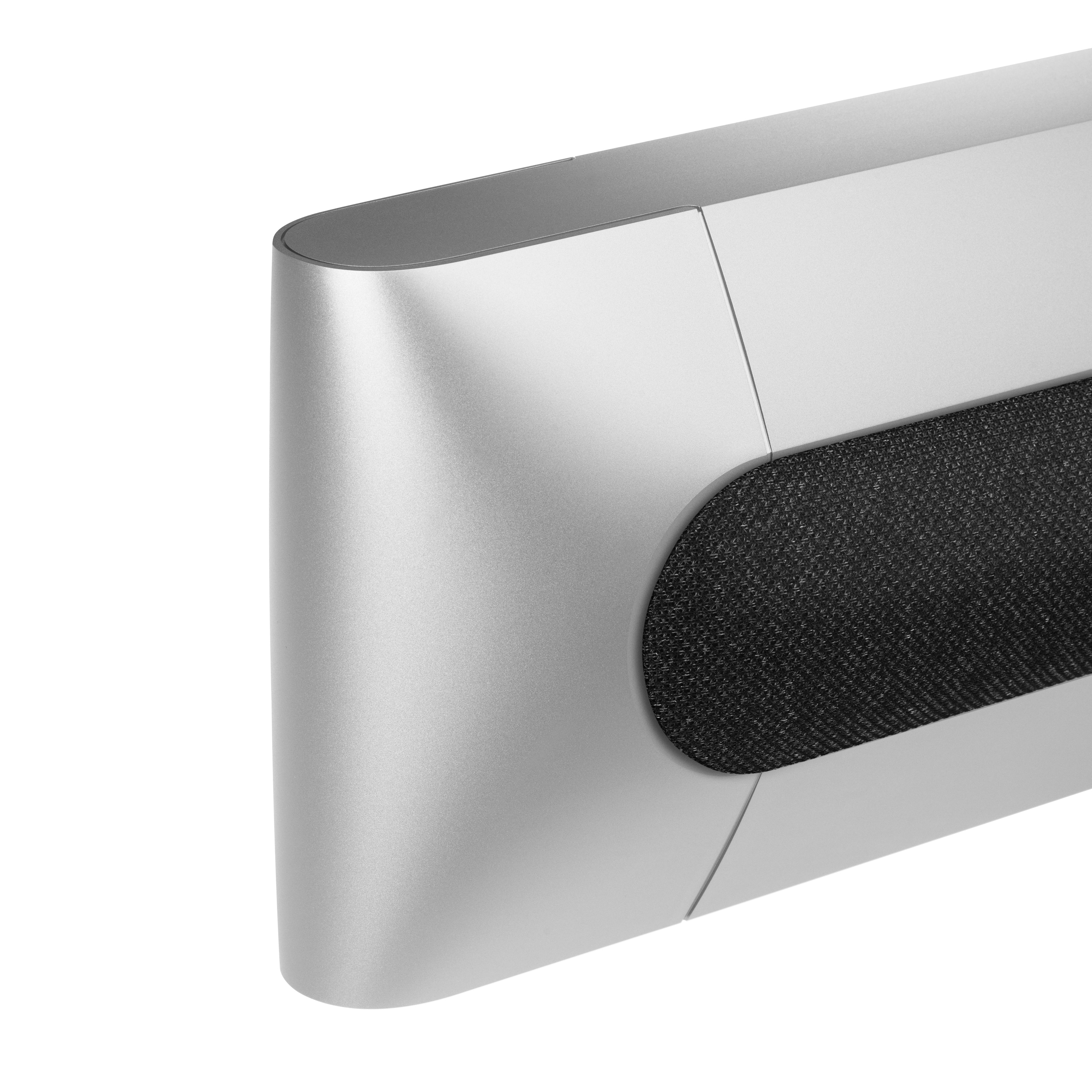 Bang & olufsen Beosound Premiere Soundbar in Natural Aluminium - Ansicht von vorn mit Cover aus Textil in Grey Mélange