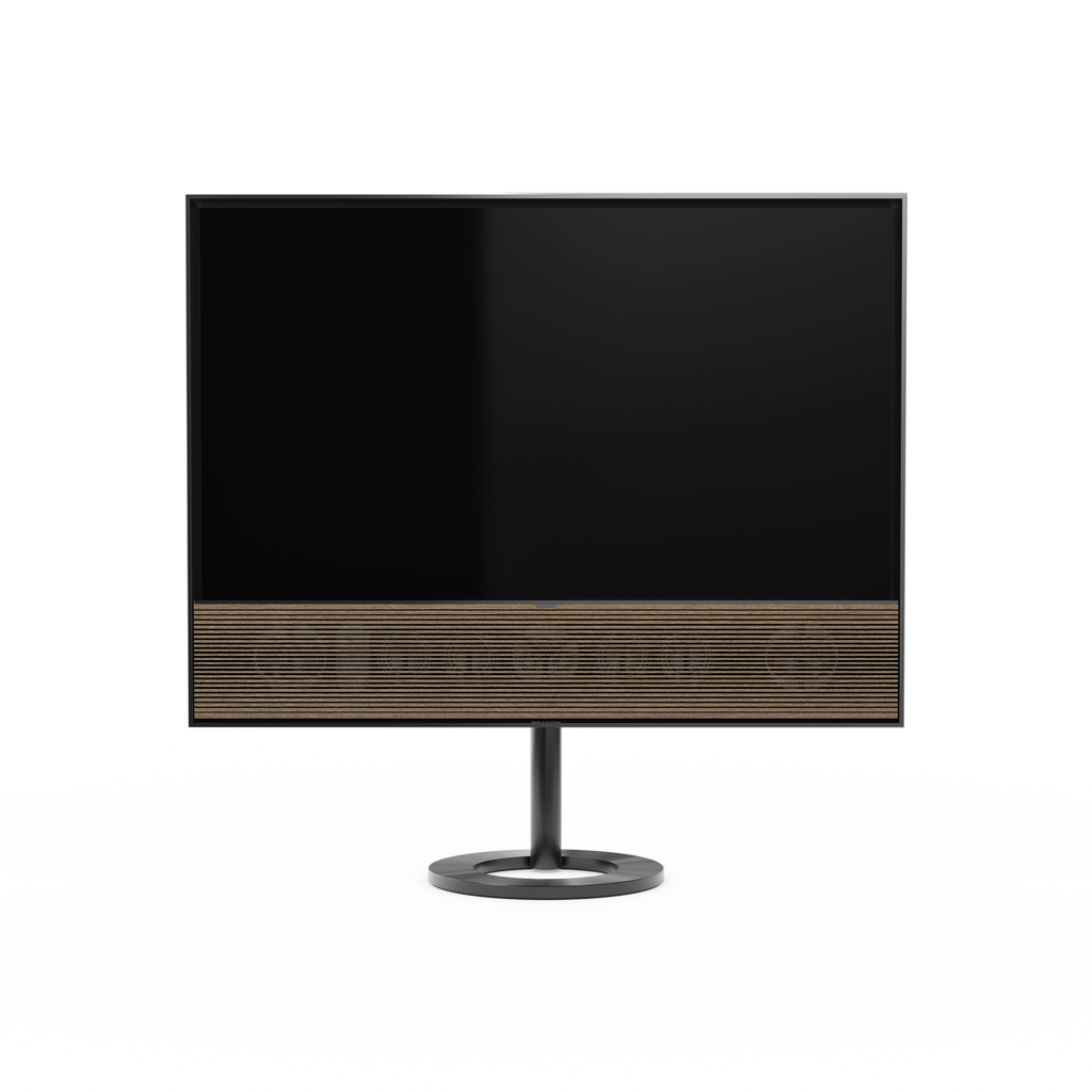 B&O Beovision Contour 48 Zoll Black Anthracite - auf Bodenstandfuß mit smoked oak Cover - frontale Ansicht 