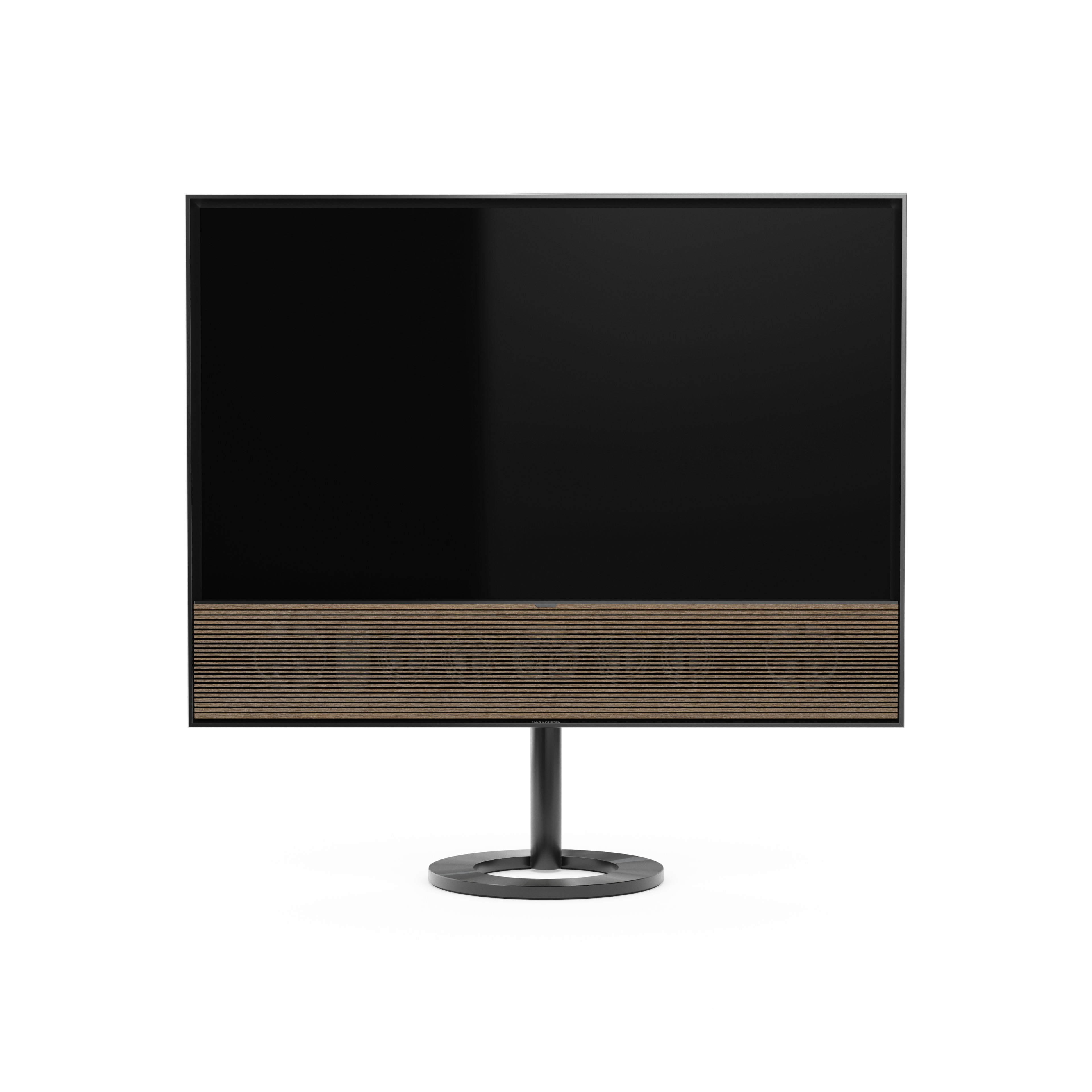 B&O Beovision Contour 48 Zoll Black Anthracite - auf Bodenstandfuß mit smoked oak Cover - frontale Ansicht 