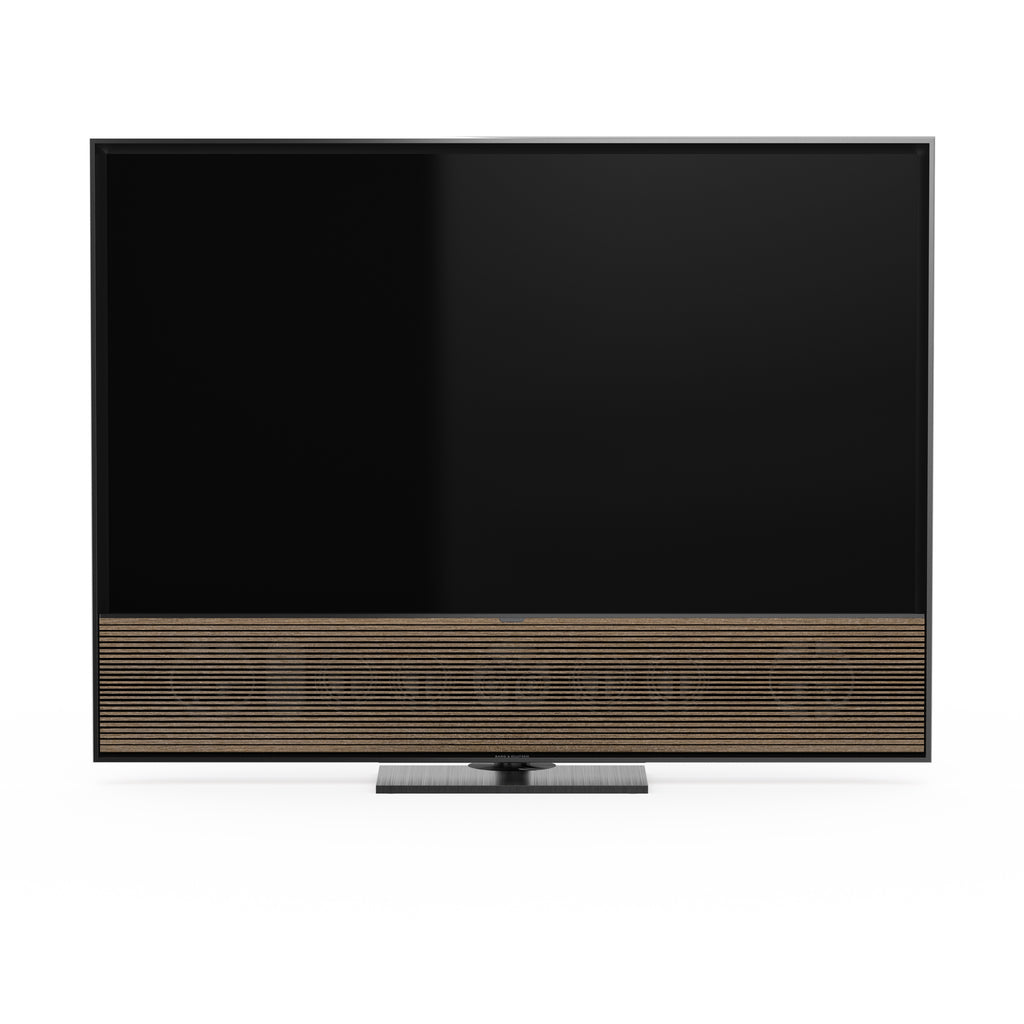 B&O Beovision Contour 48 Zoll Black Anthracite - auf Tischstandfuß  mit smoked oak Cover - Frontansicht 
