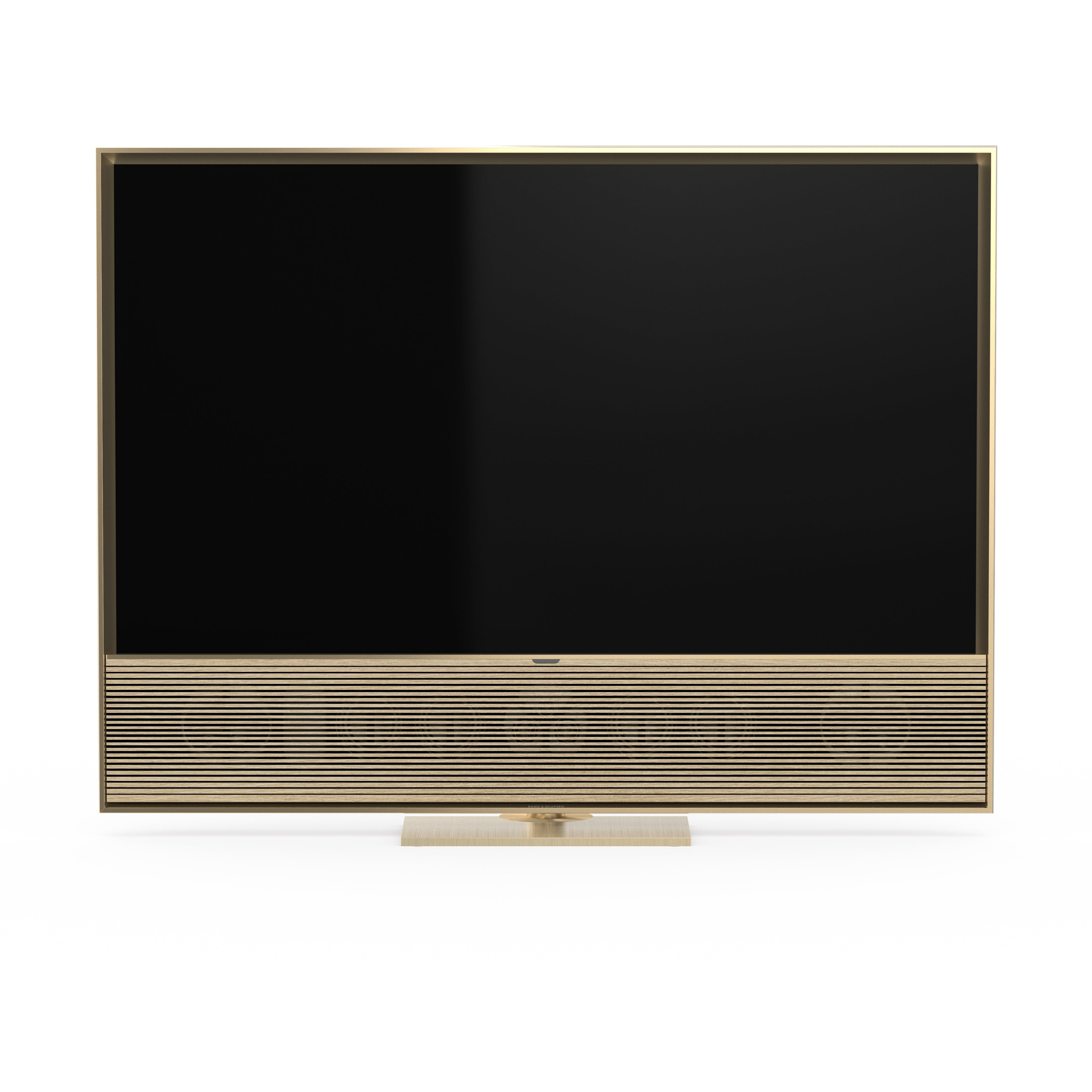 B&O Beovision Contour 48 Zoll Gold Tone - auf Tischstandfuß mit light oak Cover - von vorn