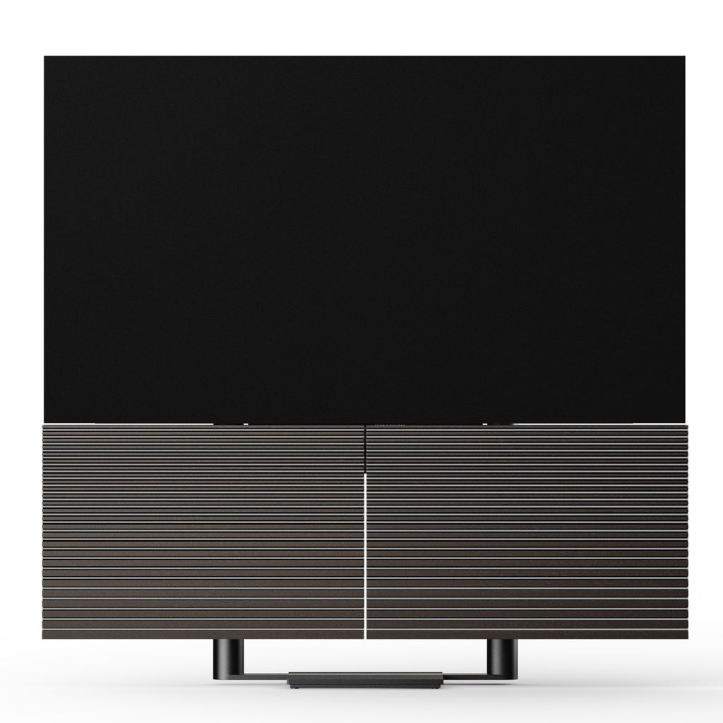 Beovision Harmony in Black anthracite mit Dark oak Cover auf Bodenstandfuß