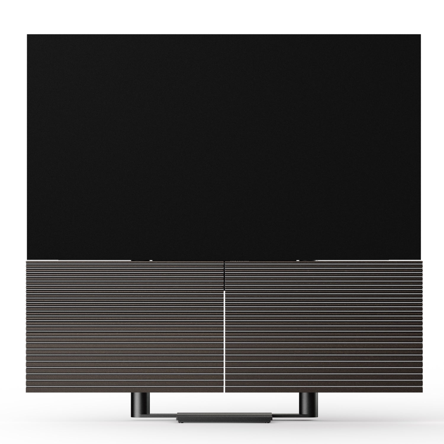 Beovision Harmony in Black anthracite mit Dark oak Cover auf Bodenstandfuß