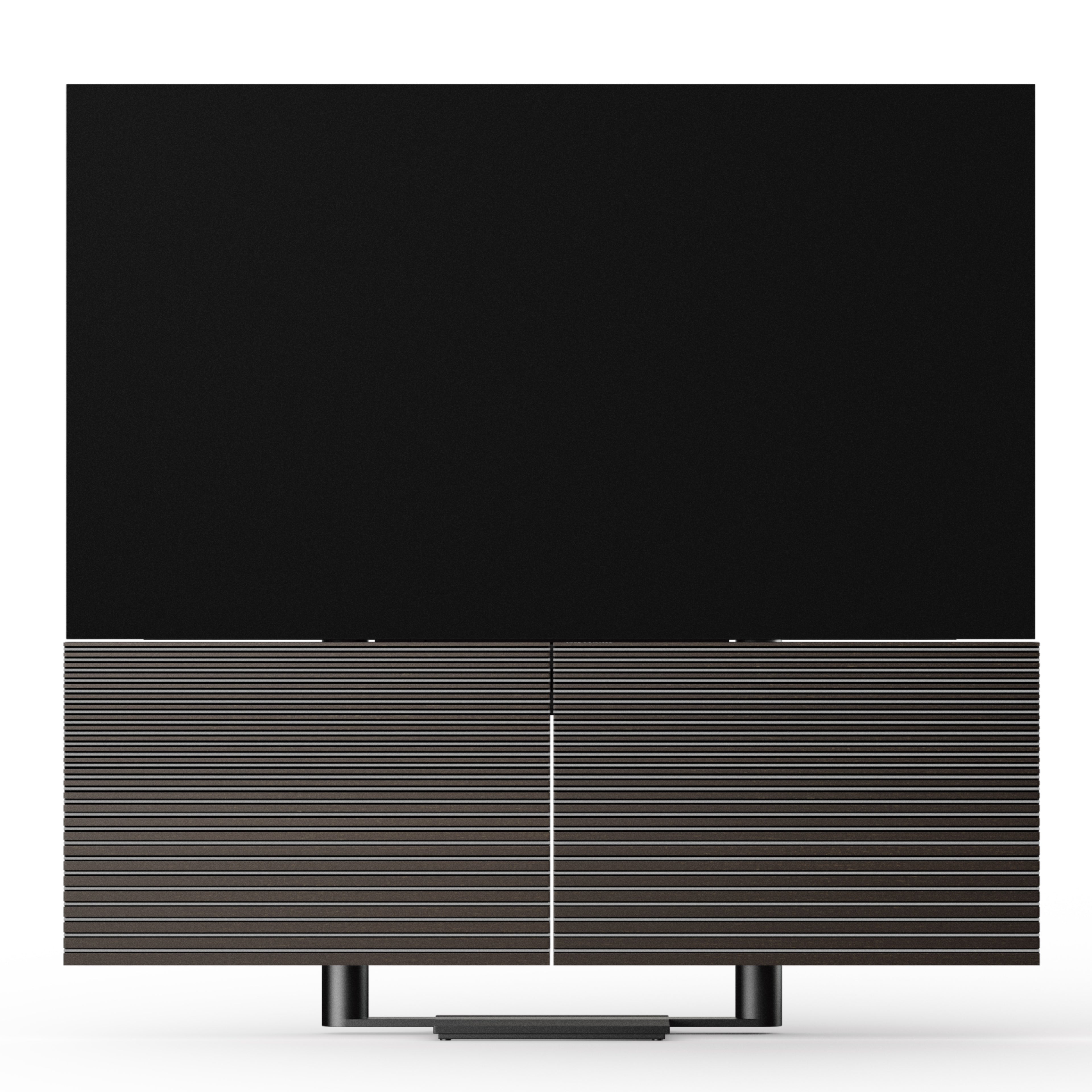 Beovision Harmony in Black anthracite mit Dark oak Cover auf Bodenstandfuß