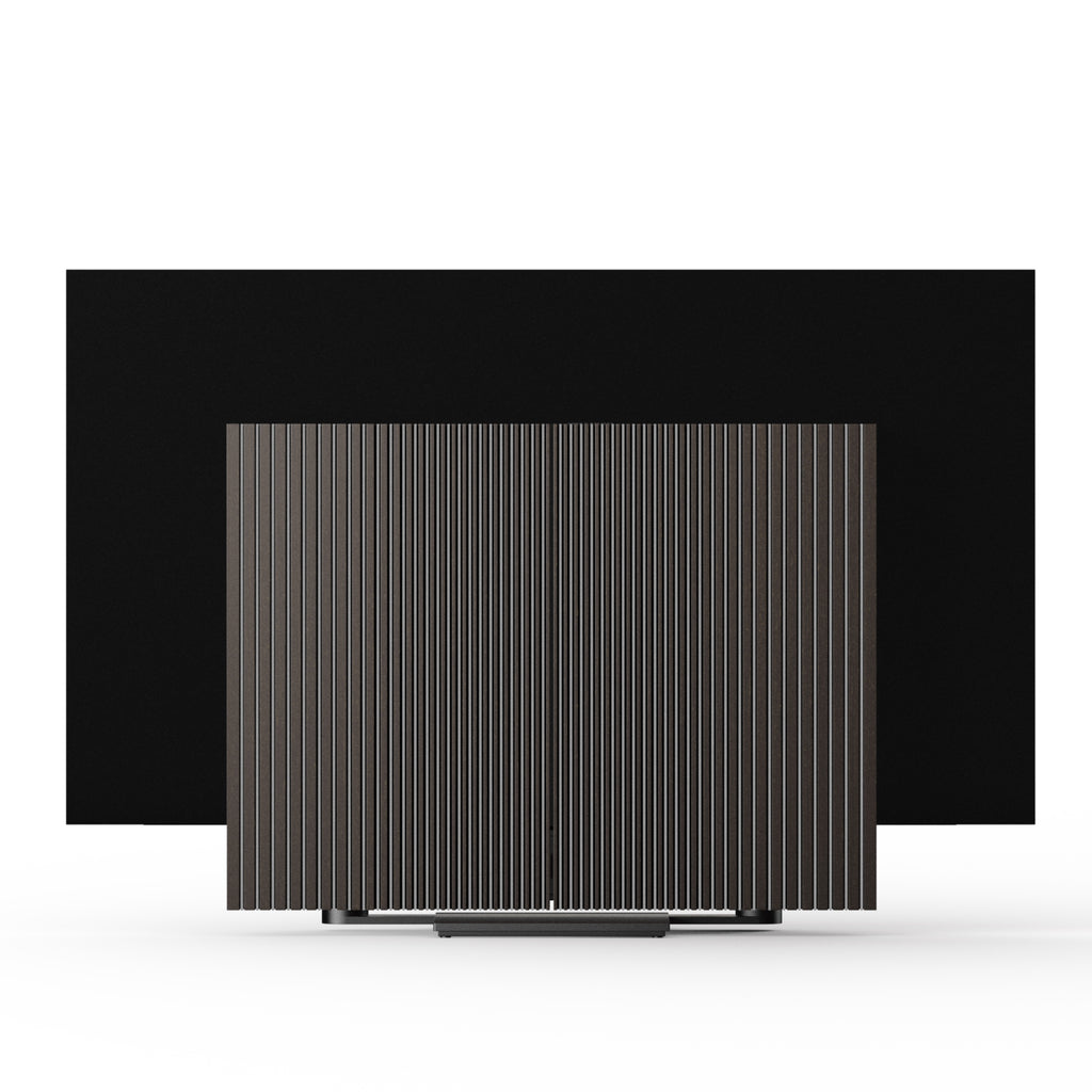 Beovision Harmony in Black anthracite mit Dark oak Cover auf Bodenstandfuß