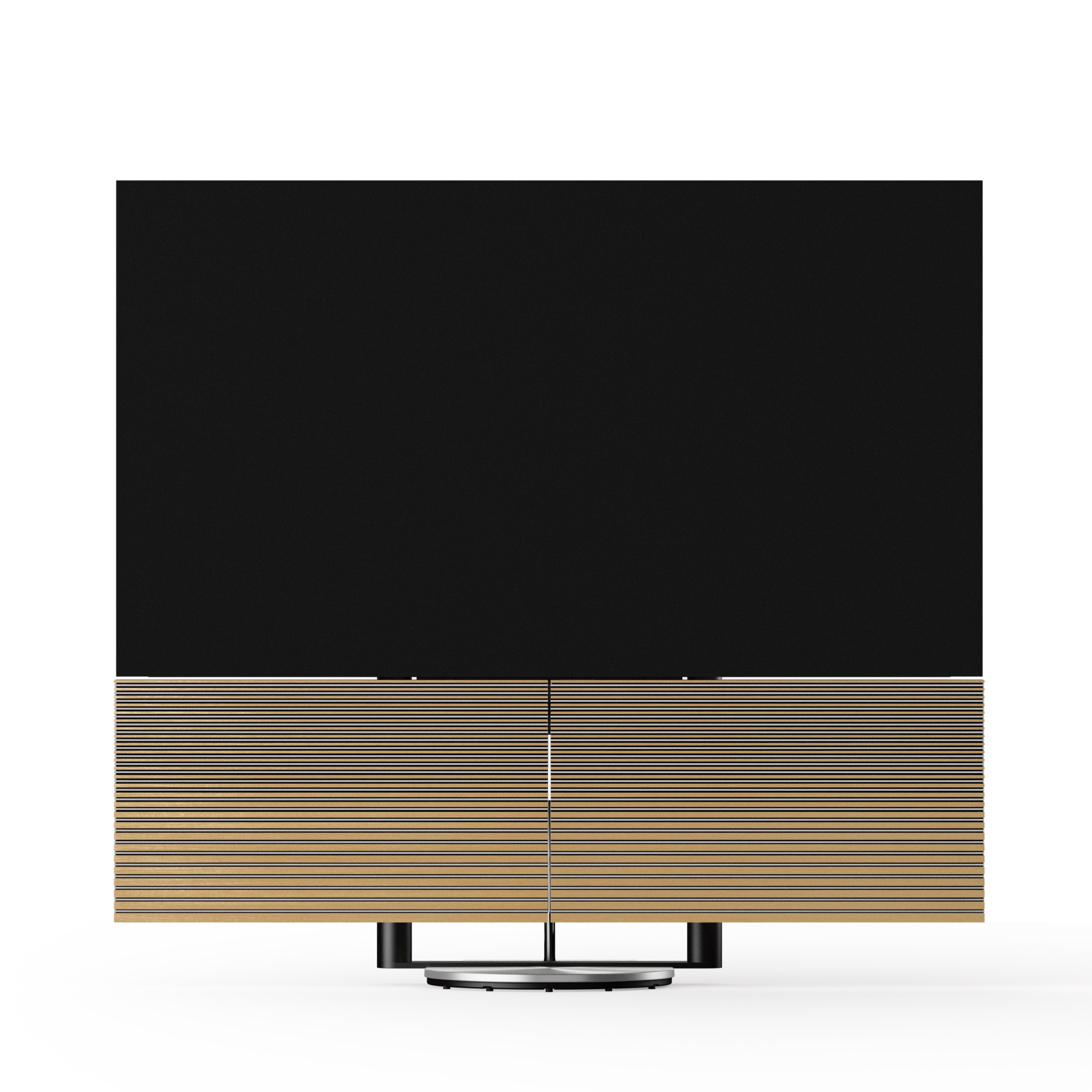 Beovision Harmony Silver mit Cover in Oak auf Motorbodenstandfuß frontal mit offenem Soundcenter
