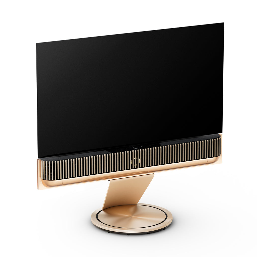 Beovision Theatre in gold Tone in der Größe 55 Zoll auf Motorbodenstandfuß mit Cover in light oak
