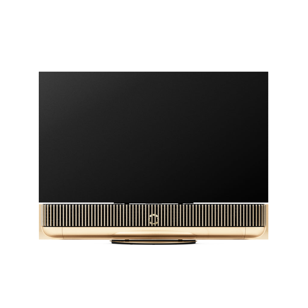 Bang & Olufsen Beovision Theatre 55 Zoll auf Tischstandfuß mit Holzcover in heller Eiche frontale Ansicht