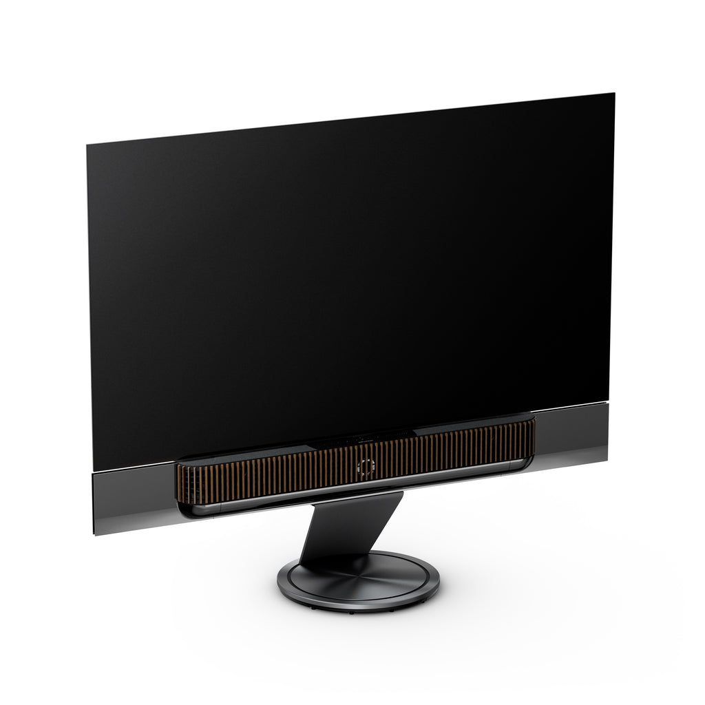 Bang & Olufsen Beovision Theatre 77 Zoll in black anthracite mit dark oak Cover auf Motorbodenstandfuß