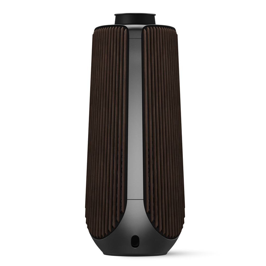 Rückansicht des Bang & Olufsen Beolab 50 Aktivlautsprechers in Black Anthracite mit markanten vertikalen Lamellen aus Smoked Oak (Räuchereiche) und dem eleganten Aluminium-Rücken vor weißem Hintergrund.