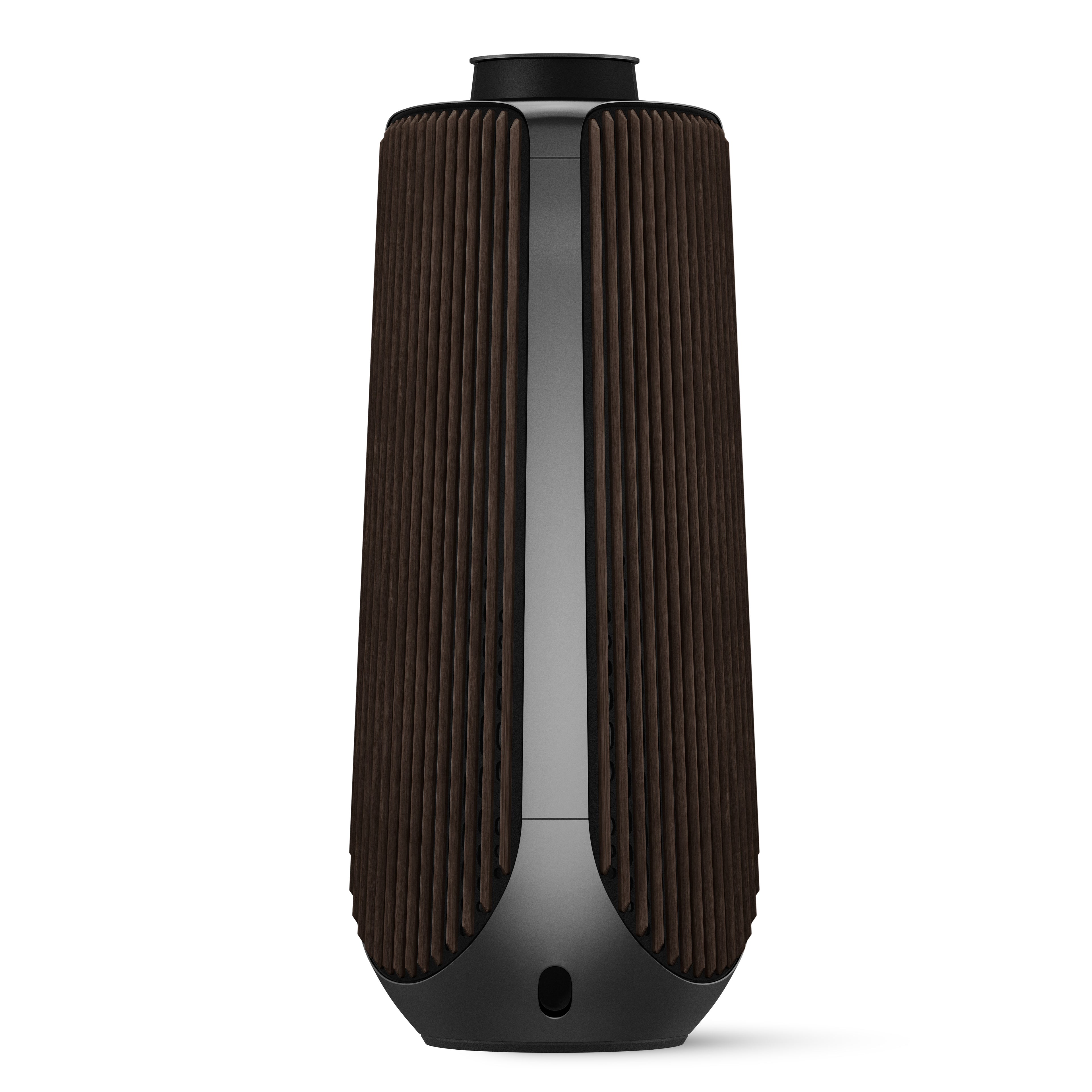 Rückansicht des Bang & Olufsen Beolab 50 Aktivlautsprechers in Black Anthracite mit markanten vertikalen Lamellen aus Smoked Oak (Räuchereiche) und dem eleganten Aluminium-Rücken vor weißem Hintergrund.