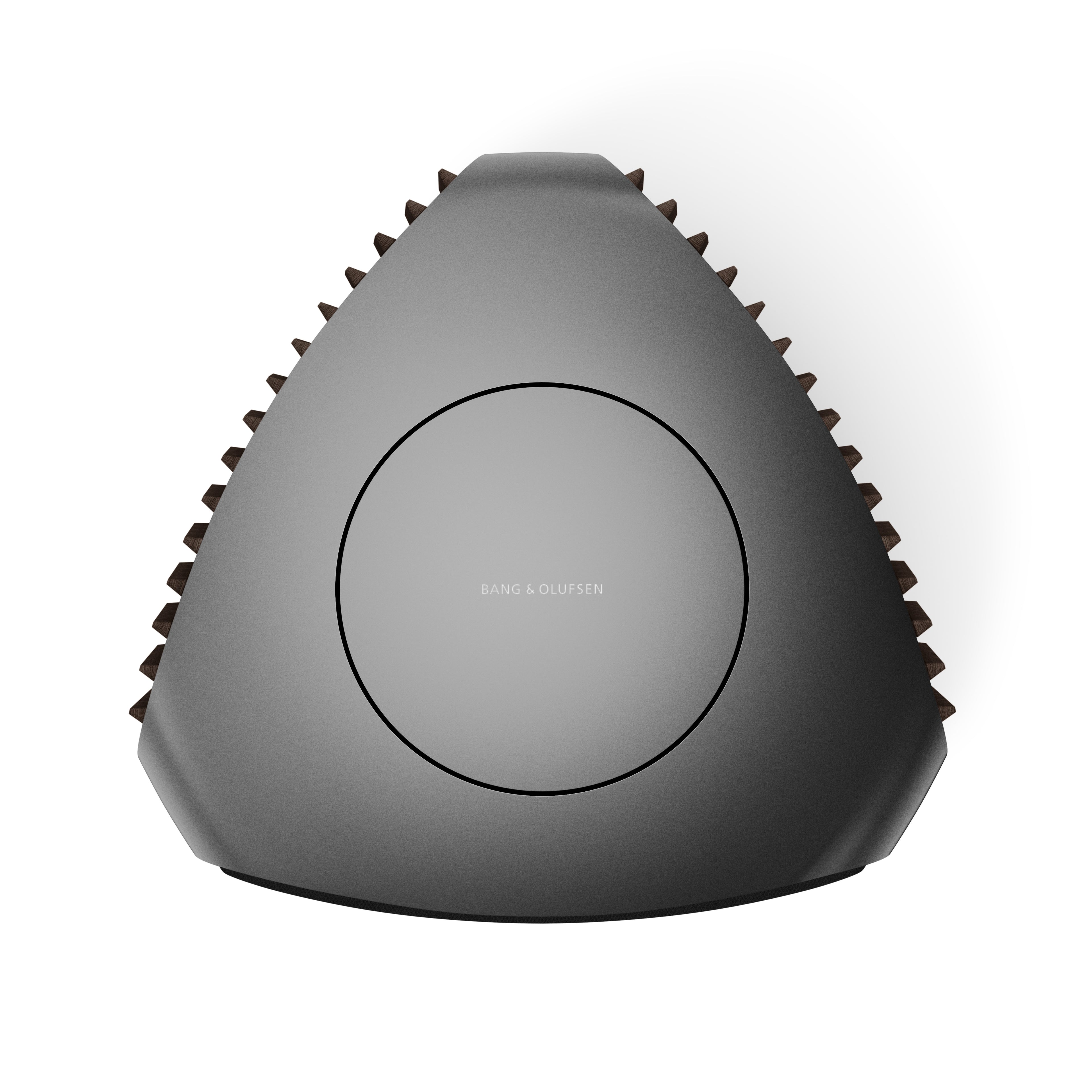 Vogelperspektive des Bang & Olufsen Beolab 50 High-End-Lautsprechers in Black Anthracite. Die Draufsicht zeigt die markante dreieckige Form mit abgerundeten Ecken, den zentralen Logo-Schriftzug und die seitlich akzentuierten Holzlamellen.