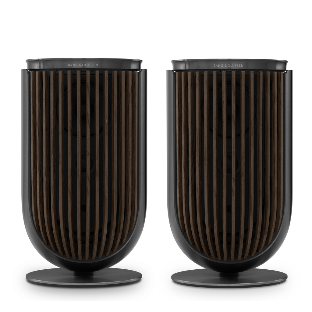 Bang & olufsen, B&O Beolab 8 Lautsprecher in Black anthracite mit dark oak Covern auf Tischstandfüßen