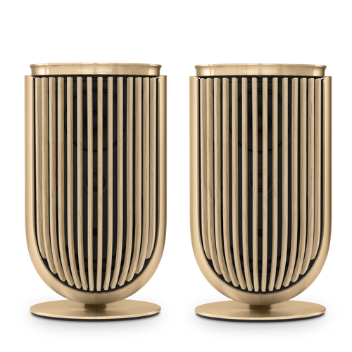 Bang & olufsen, B&O Beolab 8 Lautsprecher in gold Tone mit light oak Covern auf Tischstandfüßen