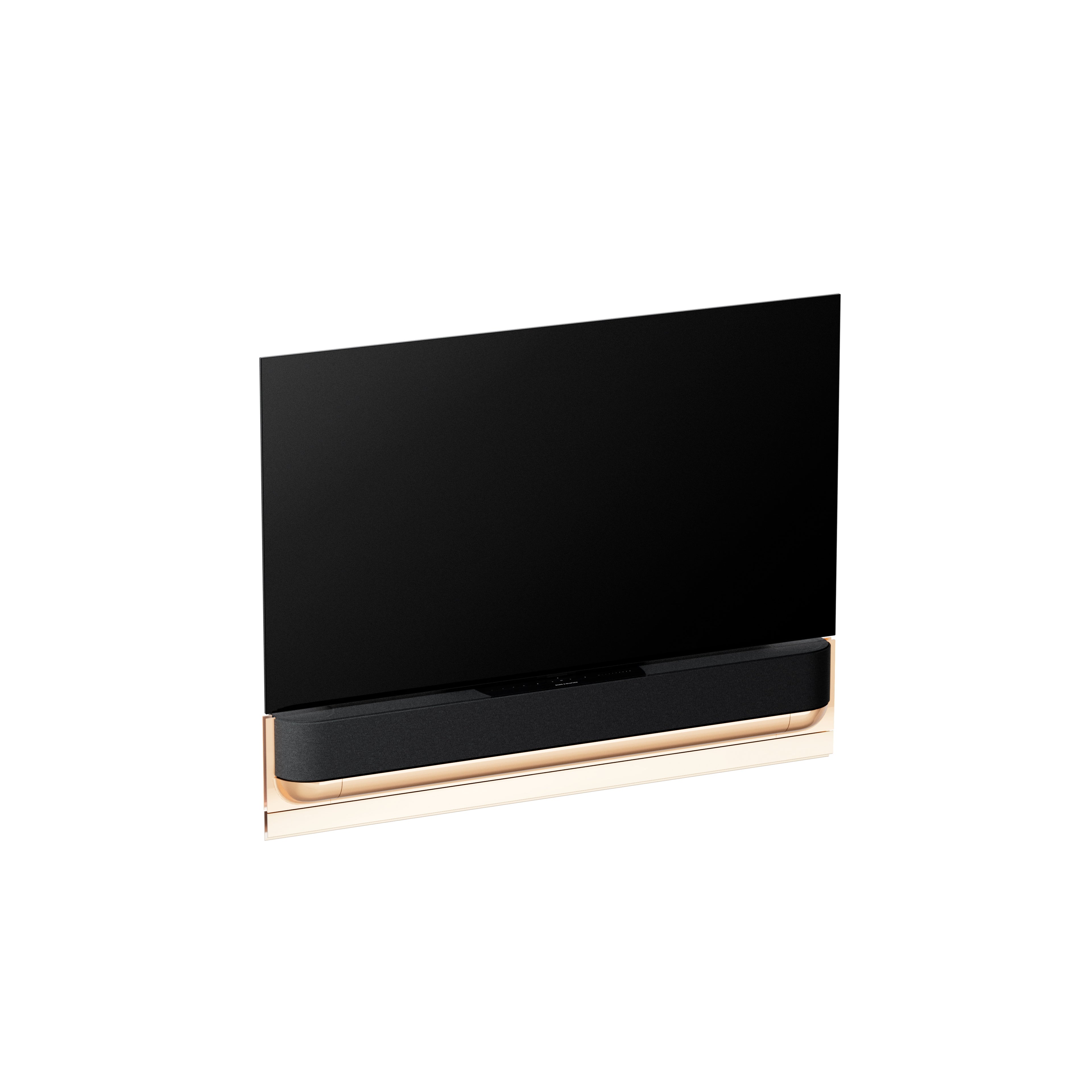 BeoSound Theatre in gold tone as TV in 55 inches  with cover in grey melange on wall bracket